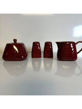 Ruff Hewn Stoneware Stitch Brick Red Cream & Sugar, Salt & Pepper Shakers 5 pcs